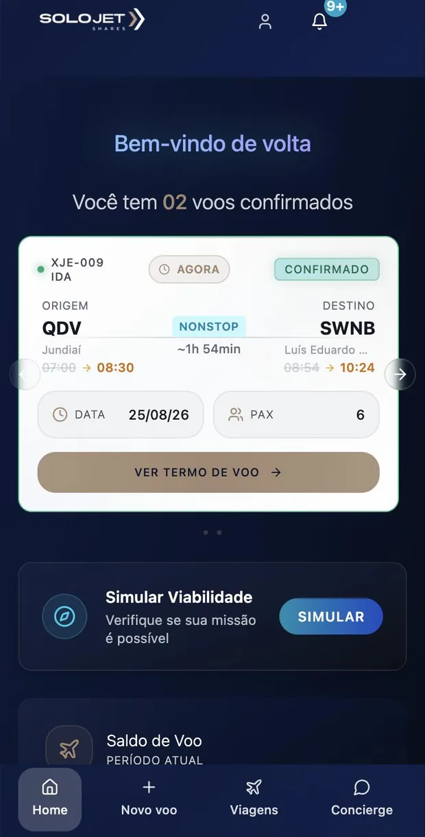 Tela inicial do aplicativo Solojet Shares, com o próximo voo confirmado